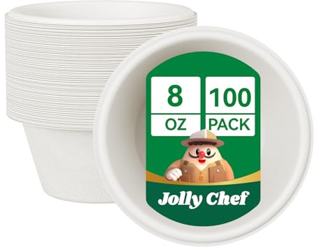 JOLLY CHEF 8 oz 100 Pack Disposable Compostable Bagasse Bowls Paper Bowl | Biodegradable Eco-Friendly Sugarcane Bowls, Microwavable, Strong Soup Containers Heavy-Duty for Hot & Cold Food Milk & Salad