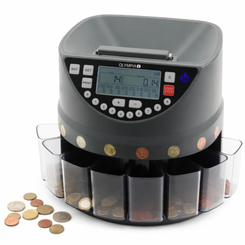 Olympia CC 300 mynträknare, euro-myntsorterare, 270 mynt/min., 8 sorteringsbehållare, LCD-skärm, skrivaranslutning