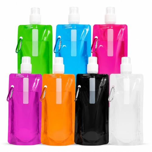 7 Foldable Water Bottles with Carabiner Clip 500ml Collapsible Flasks | For Hydration And Travel, Ideal For Hiking, Biking, And Festivals, Lightweight With Leak-Proof Seal.