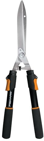 Fiskars Power-Lever Extendable Hedge Shears, Self-Sharpening Serrated Steel Blades for Clean Cuts, Handles Adjust 25-33 for High Reach, Multiplies Leverage for 2x Power, 10 Blades, Orange/Black