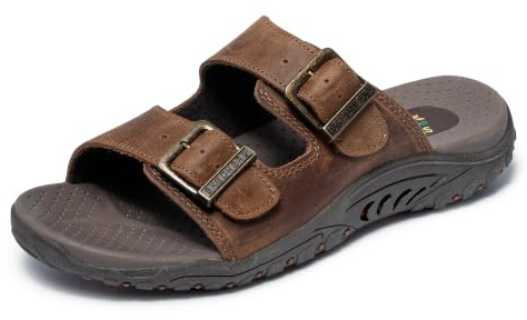 Skechers Women's Reggae - JamminSandal | Oiled Leather Upper, Double Adjustable Metal Buckles, Contoured Cushioned Footbed, Wide Fit