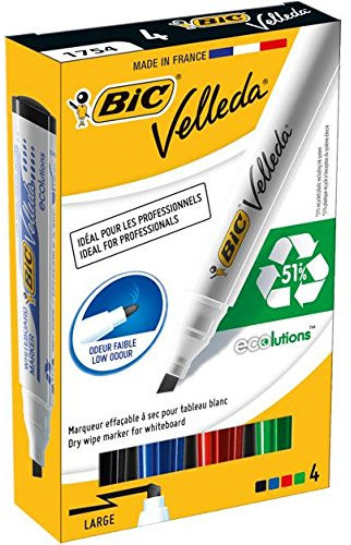 Velleda 3 Packungen mit je 4 Whiteboard-Markern, löschbar 1751 Ecolution, schräge, breite Spitze N/B/R/V