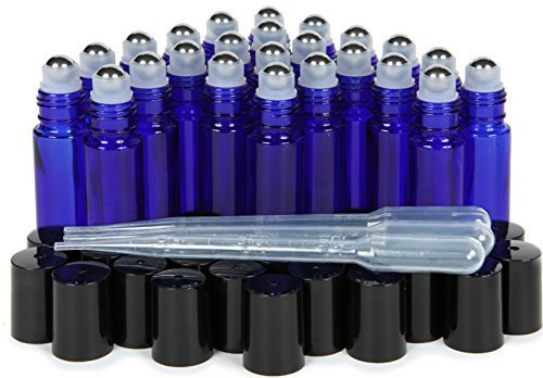 Vivaplex Pack de 24, Le Bleu de Cobalt, 10 ML Verre Roll-on Bouteilles avec des Billes de roulement en Acier Inoxydable, 3-3 ML Gouttes incluses