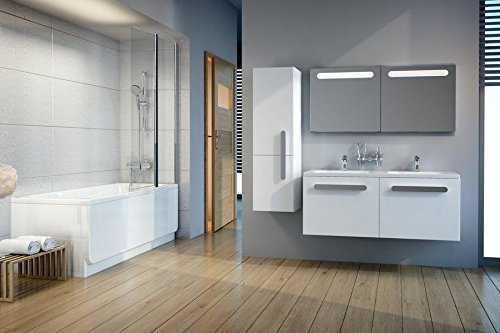 naka24 Badmöbel Set Chrome 120 MÖBEL BADSET MIT DOPPELWASCHBECKEN Weiss Hochglanz (Waschtisch Spiegel Hochschrank)