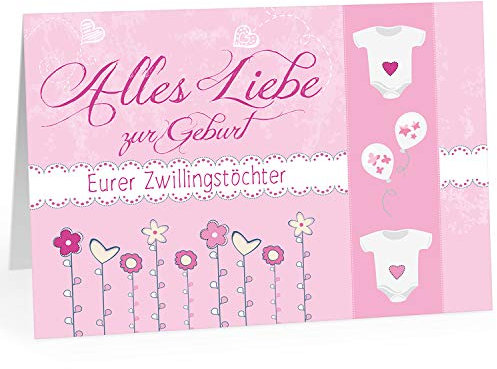 Große XXL Design Geburtskarte zur Geburt/Zwillinge/Klappkarte/mit Umschlag / A4 / 2 Strampler auf Rosa/Mädchen/Baby geboren/Grußkarte zur Gratulation Eltern