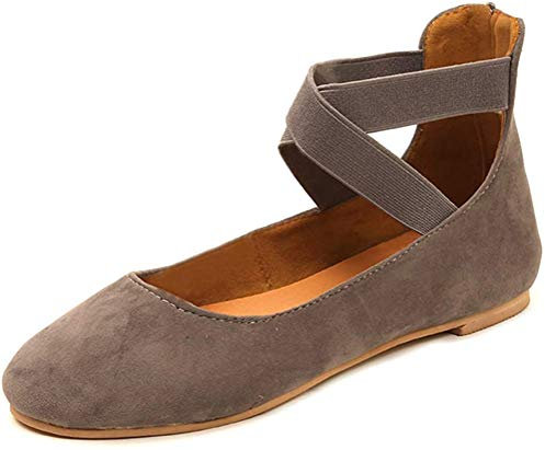 ShallGood Damen Geschlossene Ballerinas Flache Rund Toe Schuhe Sommer Sandaletten Flachen Frauen Knöchelriemchen Bequem Elegant Grau EU 35