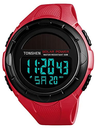 TONSHEN Herrenuhr Damenuhr 50M Wasserdicht Outdoor Solar Sport Uhren Multifunktional LED Elektronik Digitaluhr Kalender Alarm Stoppuhr Plastik Armbanduhr mit Kautschuk Band (Rot)