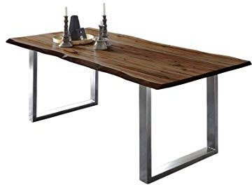 SAM Esszimmertisch 220x100 cm ULM, Baumkantentisch nussbaumfarben, Akazienholz massiv, U-Gestell Edelstahl gebürstet
