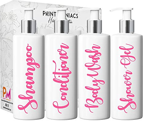 Print Maniacs White Mrs Hinch Inspired Personalised 500ml Pump Bottles Bathroom Lotion Kitchen Set Shampoo Conditioner (Shower Gel Set) (Baby Pink)