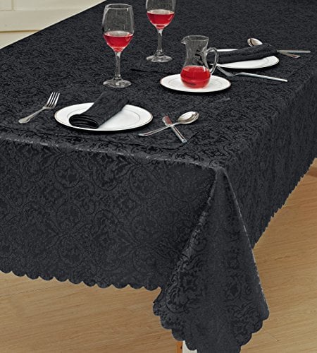 Prime Linens Home Decorative Classic Damask Printed Jacquard Tablecloth Rectangle Round Runner Napkin Table Cover Cloth Protector for Kitchen Picnic (Black, Rectangle 52 x 70)