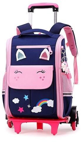 Tanou Cartable a Roulette Fille, 16 Pouces Légers Sac a Roulette Fille Primaire, Détachable Cartable Roulettes Enfant pour Voyages Scolaires, 4-9 Ans, Bleu Rose