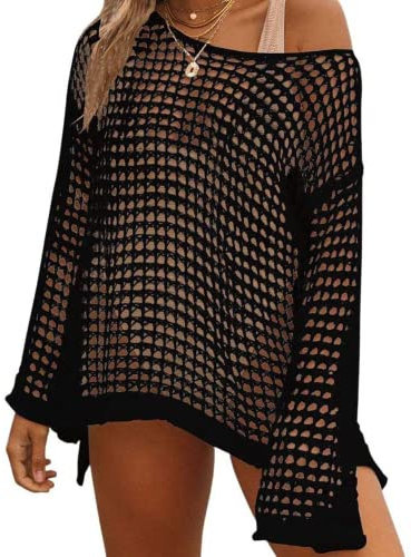 Vestido de Playa Mujer Bikini Cover Up Fuera del Hombro Elegante Crochet Mangas Largas Sueltas Playa Hueco Traje de Baño,Negro
