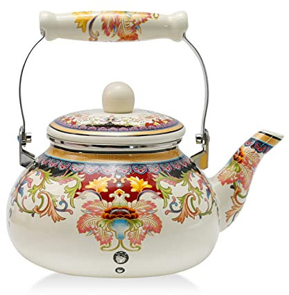 Saihisday Bouilloire à fleurs blanches de 2,5 l avec poignée en céramique, théière florale en émail pour cuisinière, sans sifflet