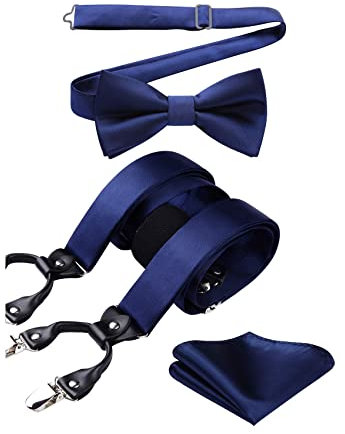 HISDERN Navy Blau Hosenträger Herren Fliege und Hosenträger Set Herren Klassische Einfarbig Verstellbar Y Form Mit 6 Extra Stark Clips Braces Hochzeit