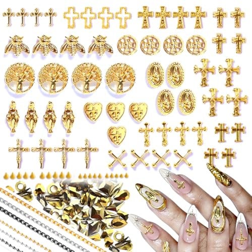 136pcs 3D Nail Charms Rhinestones for Acrylic Nail Art Metal Nail Chains Gold Cross Heart Vintage Alloy Nail Rivet Studs Tip Punk Accessories Decoration Craft DIY