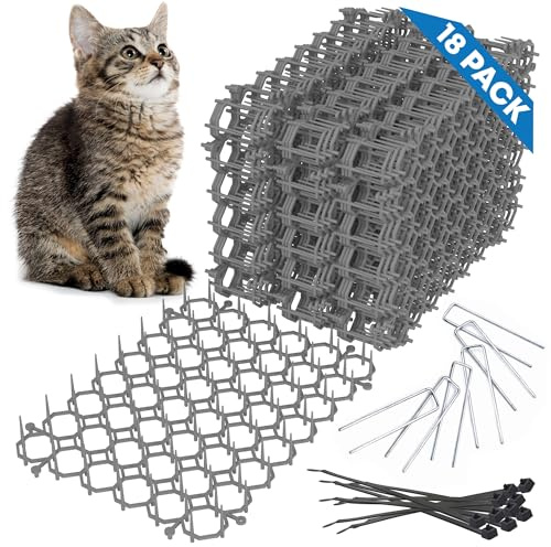 Katzen-Abschreckungsmatte für Katzen, 18 Stück, Grau, 21x16 cm, mit 2.5 cm Spikes, für drinnen und draußen, für alle Jahreszeiten. Inklusive 6 Gartenklammern & 10 Kabelbinder