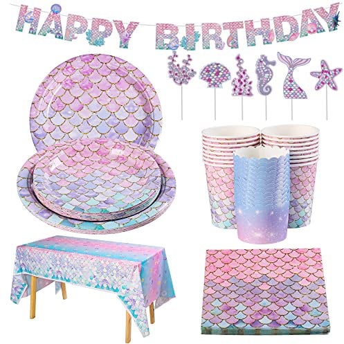 Mermaid Party Tableware Set 100 pcs Paper Tableware Set Includes Paper Plates tablecloth Napkins Cups Cake cups Stick Tag Banner for Birthday Children Party Wedding Shower Engagement (16 Guests)