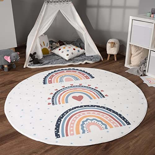 Paco Home Teppich Kinderzimmer Kinderteppich Spielteppich Kurzflor rutschfest Krone Herzen Punkte Sonne Regenbogen Buchstaben, Grösse:120 cm Rund, Farbe:Bunt 2