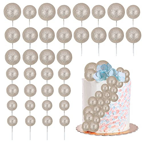 30Pcs Glitter Balls Cake Topper Mini Balloons Cake Toppers Foam Ball Cake Decorations Balloon Cake Topper Ball Shaped Cake Insert Topper Baby Shower Wedding Anniversary Party Supplies Champagne Gold