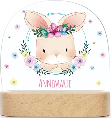 GRAVURZEILE Personalisiertes LED Nachtlicht für Kinder - Blumenkranz - Personalisiert mit Namen - Nachttischlampe für das Kinderzimmer - Geschenk für Kinder & Babys - Baby Geschenk - Hase