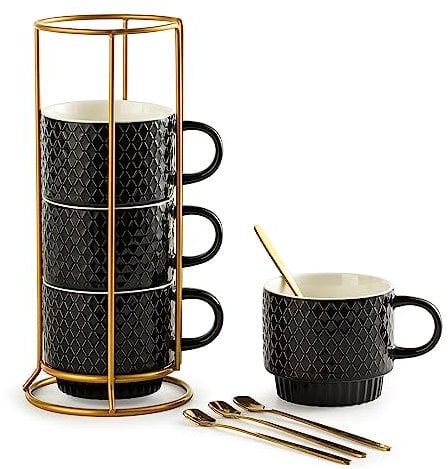 Gomakren Stackable Coffee Mugs with Stand, Stoneware Mugs with Spoon, Milk, Tea, Cocoa, Black, Set of 4