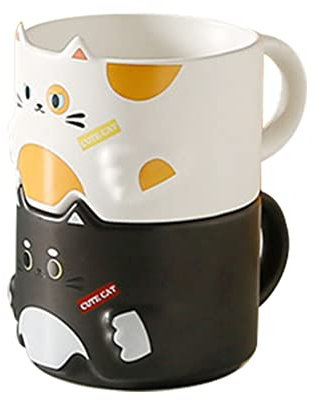 GENTI Kawaii Tasse Keramik Katze Tasse Set von 2 Paar Katze Tasse stapelbar Niedliche Teetassen für Frauen Geschenk für Geburtstag Valentinstag Weihnachten (Schwarz + Weiß)