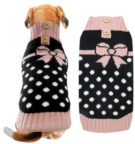ABRRLO Hunde-Pullover mit Schleifenkrawatte – Punkt Rollkragen-Pullover, klassischer Strick, Wintermantel für Hunde, Kälteschutzkleidung für kleine und mittlere Hunde, Katzen, Welpen und Mädchen,S