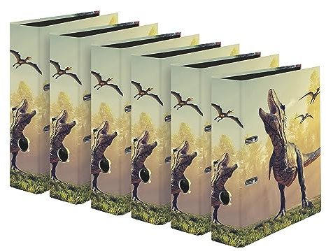 Original Falken 6er Pack Motiv-Ordner T-Rex. Made in Germany. 8 cm breit DIN A4 Ringordner Aktenordner Briefordner Büroordner Plastikordner Motivordner