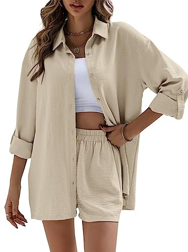 Geagodelia Damen Zweiteiler Elegant Hosenanzug Sommer Outfits Kleidung 2 Teiler Set Bluse Top + Shorts Y2k Aesthetic Clothes Loungewear Anzug (C - Beige, L)