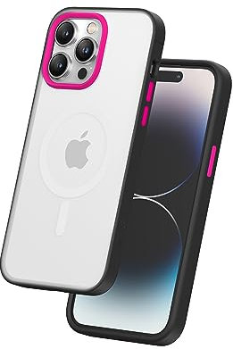 FLOLAB Surtect Tri-Fusion Magnetic for iPhone 14 Pro Max Phone Case Protective Slim Design Magsafe Compatible Military Grade Black Frame Matt Translucent Soft-Touch - Hot Pink