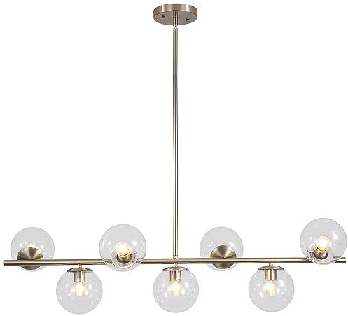 KCO Lighting Modern - Lámpara de araña grande de metal de níquel cepillado de 7 luces, estilo nórdico, transparente, estilo rústico, color plateado, minimalista, ajustable, para isla de cocina, luces