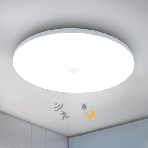 Combuh Plafon Led con Sensor de Movimiento, 18W 220V Lampara Techo con Sensor Crepuscular Interior, IP56 Impermeable 6500K, Luz Techo Detector para Garaje Recibidor Pasillo, Redondo 29.5CM