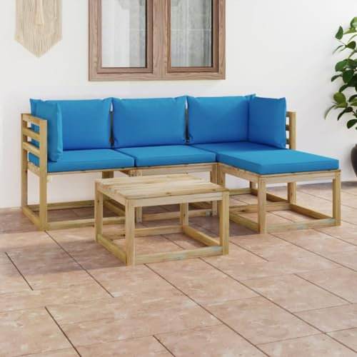 BUKSCYJS GartenmöBel Set,Gartentisch Ausziehbar,Sonnenliege5-Tlg. Garten-Lounge-Set Mit Hellblauen Kissengeeignet FüR Garten, Terrasse, Wohnzimmer, BüRo, Outdoor