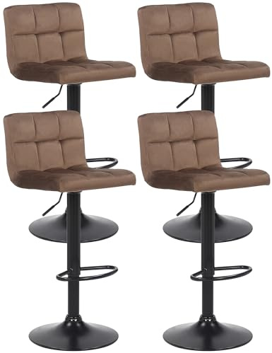 CLP 4er Set Barhocker Feni Samt, höhenverstellbar mit Fußstütze, Lehne & Metallgestell, belastbar bis 150 kg | Farbe braun