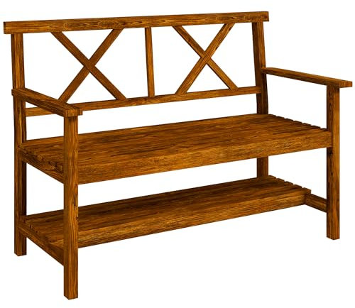 Outsunny Panchina da Giardino 2 Posti in Legno con Ripiano, Panchina da Esterno con Braccioli e Seduta a Doghe, 125x58x88cm, Legno