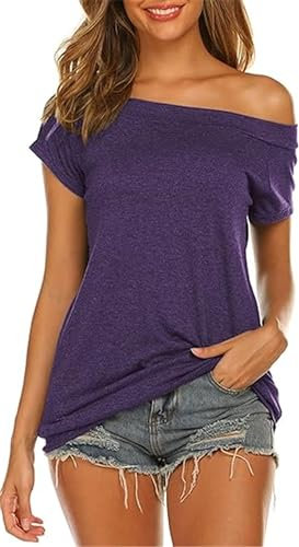Damen Tunika Top Schulterfrei Oberteile Kurzarm Off Shoulder Bluse Freizeithemd Sommer Einfarbig Slim Fit Casual Shirt Lila Größe XXL