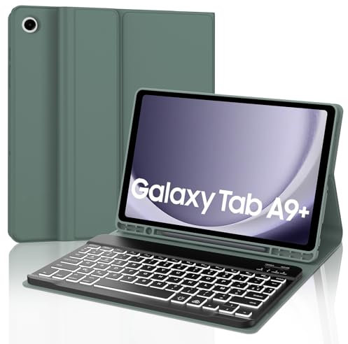JADEMALL Custodia con Tastiera per Samsung Tab A9 Plus 11 2023, Italiana QWERTY Tastiera Retroilluminata Bluetooth con Portapenne per Tablet Samsung A9+ 11 SM-X210/X216/X218, Verde scuro