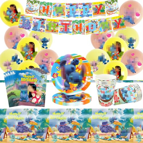 60 Piezas Juego de Vajilla de Lilo Sti-tch Decoracion Cumpleaños, Pararty Decoracion Cumpleaños Sti-tch Kit de Vajilla Cumpleaños, Globos, Banners, Platos, Servilletas, Vasos, Manteles - 10 Invitados