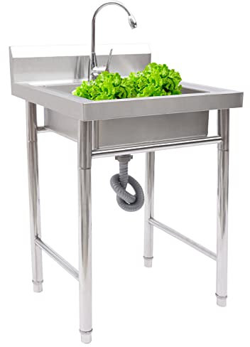 Fregadero de cocina de acero inoxidable para lavar a mano, lavabo lateral, fregadero de catering, mueble con grifo empotrado, 61 x 60 x 91 cm