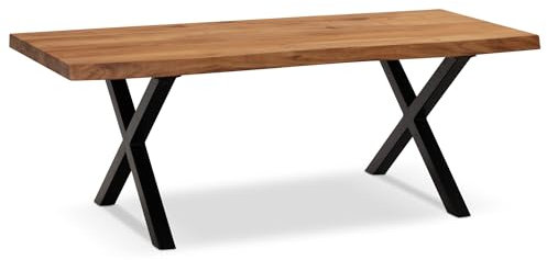 FineBuy Couchtisch 120x60x46 cm Akazie Massivholz/Metall Baumkante, Design Wohnzimmertisch Rechteckig, Sofatisch Stubentisch Braun, Kaffeetisch mit schwarzen Beinen in X-Form