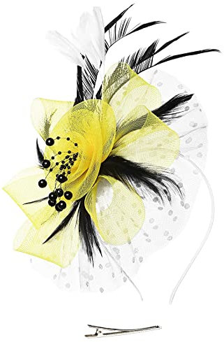 Fascinator Hat Stirnband Hut Schwarze Kirche Top Hut Tea Party Ladies Hut Kopfbedeckung Eleganter Kopfschmuck, Damen Fascinator Hut mit Federn Schleier Stirnband Clip Damen (1-Yellow, One Size)