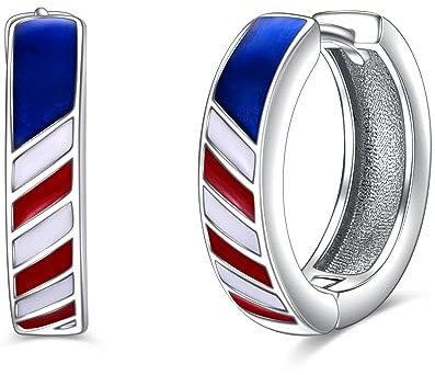 POPLYKE 925 Sterling Silber Bunte Creolen Damen Männer Amerikanische Flagge Ohrringe Rot Weiß Blau Ohrringe