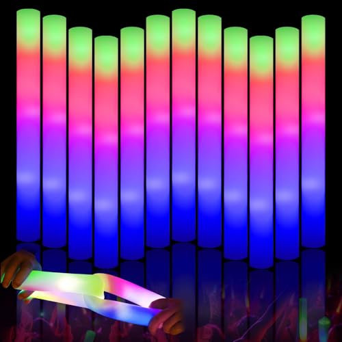 GUBOOM Bâton en mousse lumineux LED 48 cm, Bâton Lumineux LED en Lot de 12, Baton a Mousse Lumineux pour Mariage et Fêtes - 3 Modes de Clignotement Bâtonnets Clignotants en Mousse