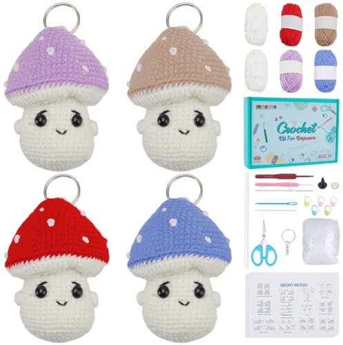 FREEBLOSS 4 Set Pilz Häkelset Für Anfänger Häkelpuppen Set Häkelgarn Und Häkelnadel Set Häkel Starter Set Mit Video Tutorial Häkeltier Set Basteln Für Erwachsene Anfänger Bastelbegeisterte