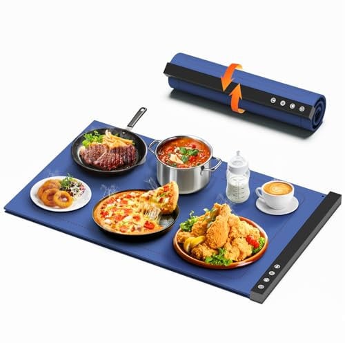 Warming Mat for Food - Full Surface Rapid Heating, Rollable & Portable Food Warmer Mat with 6 Temperature Settings and 1-4 Hours Adjustable Timer, Silicone Heating Mat for Party Buffet (Blue)