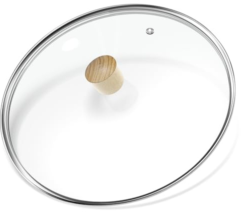 Couvercle en verre trempé de 30,5 cm avec poignée en bois, couvercle rond polyvalent de rechange pour poêles, casseroles et poêles de 30,5 cm – Passe au lave-vaisselle – 30 cm
