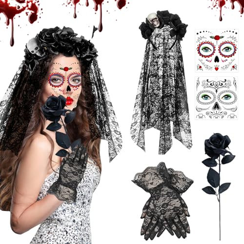 MaibaoteMbt Tag der Toten Haarreif und Schleier, Halloween Totenkopf Kopfschmuck, Tag Der Toten Rosen, Halloween Gesichtstattoos, Damen Kostüm Accessoires für Halloween Karneval Cosplay (M2)
