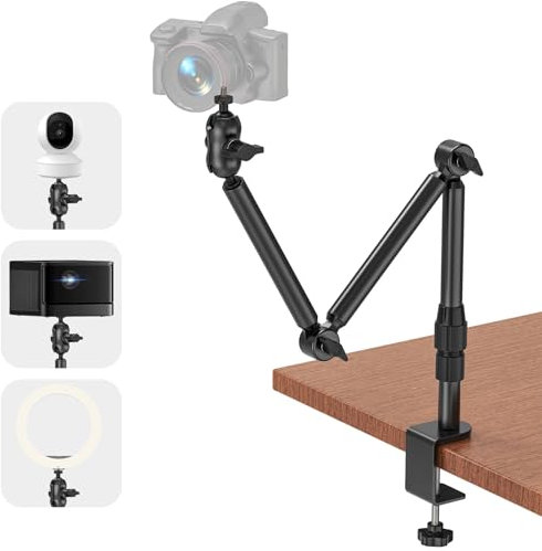Jubor Camera Desk Mount, Heavy Duty Camera Stand Mount with 1/4 Screw, 3KG Horizontal Load-Bearing, 360° Swivel Table Webcam Mount Stand with Adjustable Arm for DSLR Cameras, Right Light, Projector