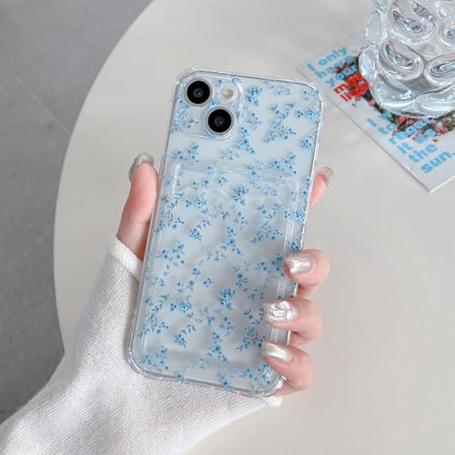 ZCDAYE Floral Clear Case for iPhone 15 with Card Holder, Elegant Cute Flower Woman Phone Case, Soft TPU Shockproof Protective Phone Cover for iPhone 15 (6.1 inches), Elegant Blue