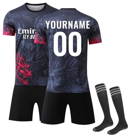 Generisch Personalisiertes Fußballtrikot für Kinder 2024 2025 Boy Football Strips Trikot Heim-Fußballtrikot-Set Tshirts Shorts und Socken Sportanzug Fußballtrikot-Set mit DIY Nummer Name 01
